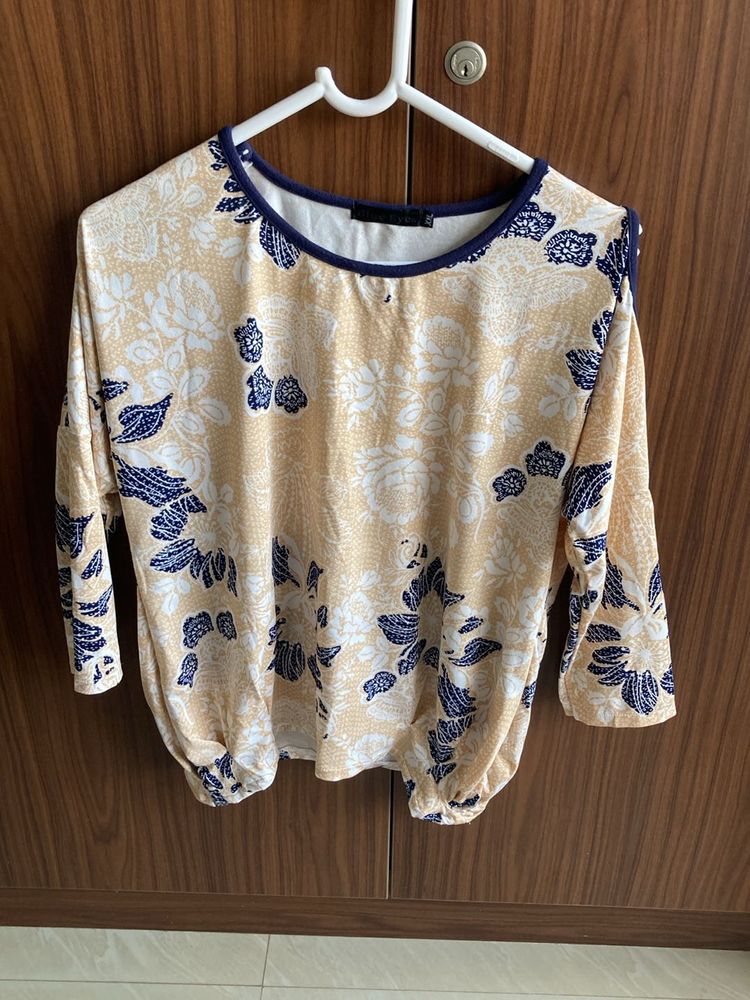 Cream Printed Regular Fit Top With Cold Shoulders