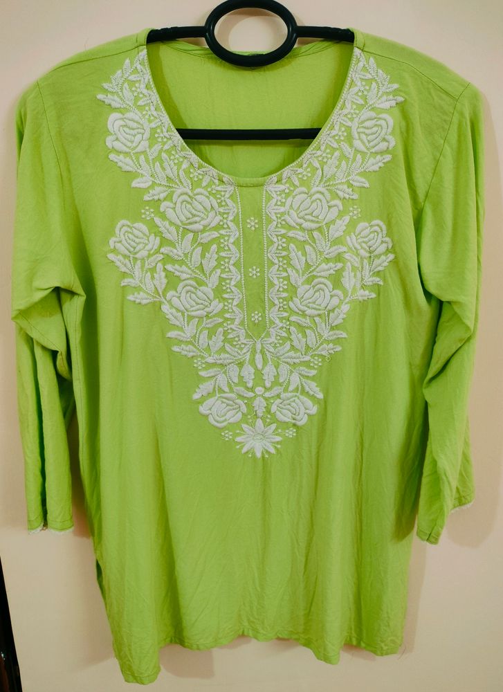 Lime Green Chikankari Short Kurti 💚