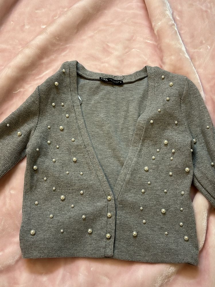Grey Cardigan With Faux Pearl Embellishments