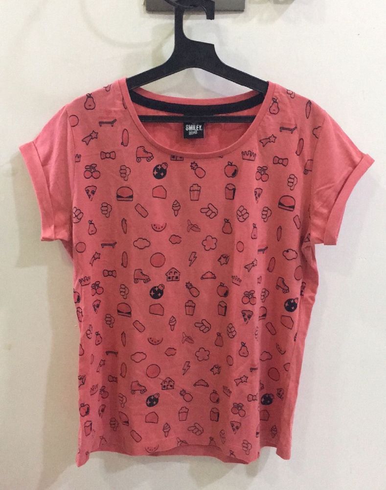 SmileyWorld Abstract T-shirt In Coral Pink Colour