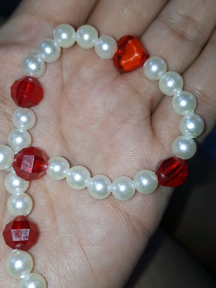 Red Charm Stones & Pearls:1 Bracelet,one Necklace