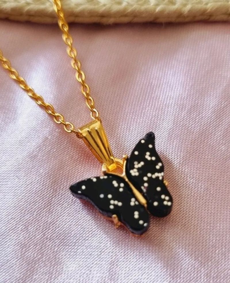 Black Butterfly Pendant With Gold Chain