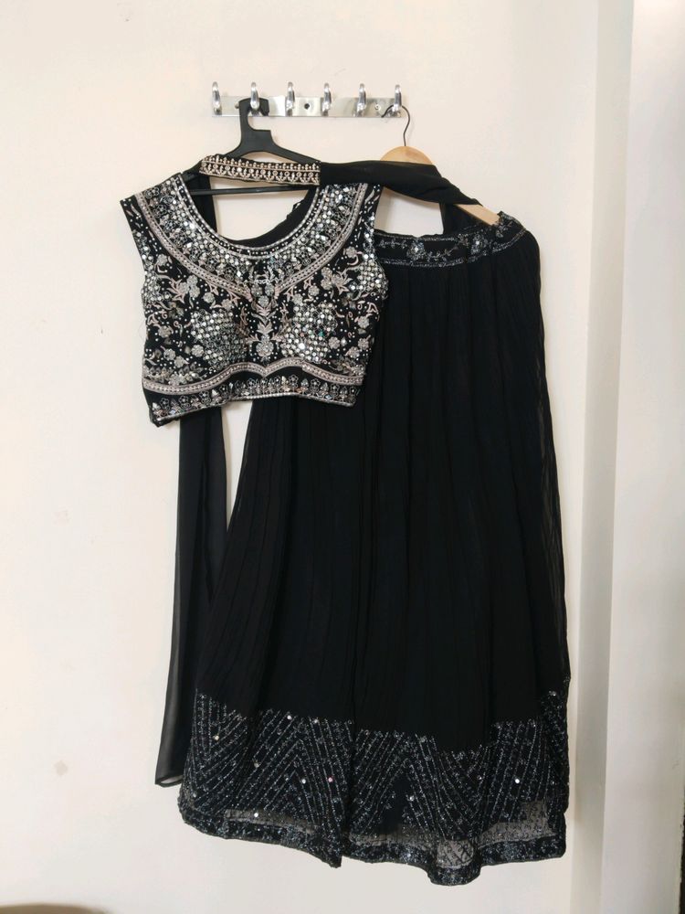 Black Mirror Work Lehnga Choli With Necklace Dupat