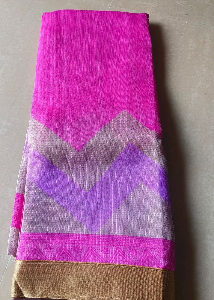 Magenta Tissue Saree with Silver Zari Border