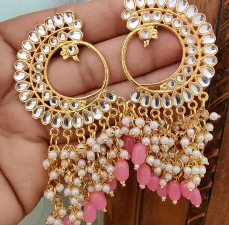 Pink Beaded Earrings Peacock Shaped