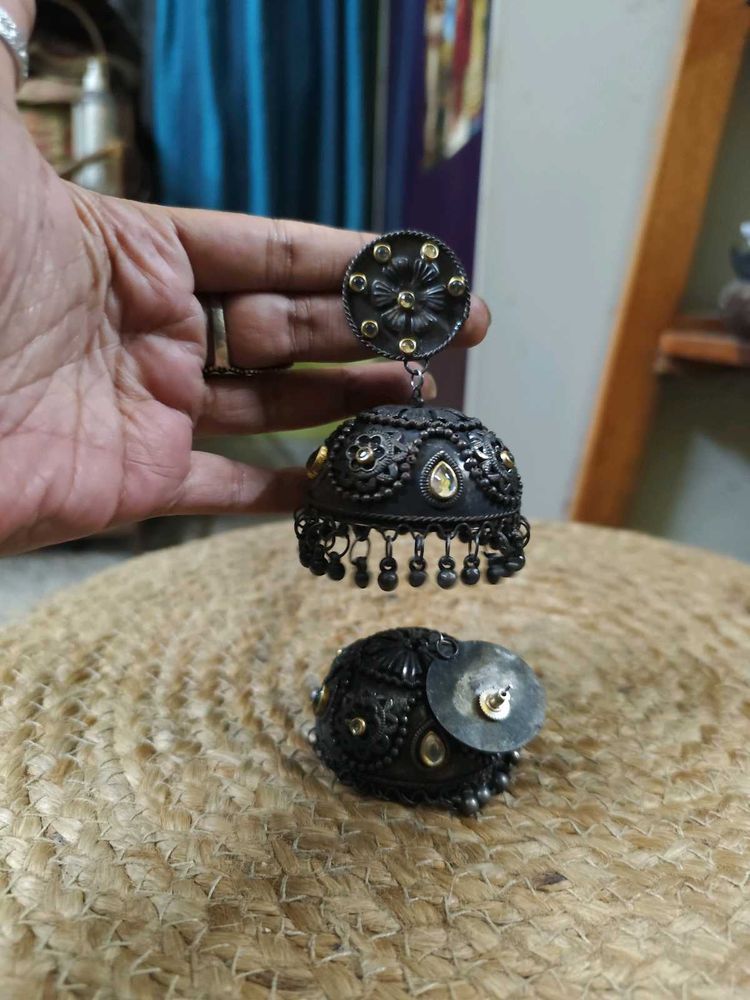 Oversized Antique Look Jhumkas With Polki Work