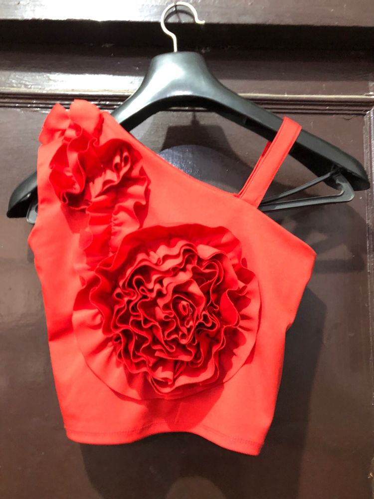 One Strap Red Flower Crop Top For Women