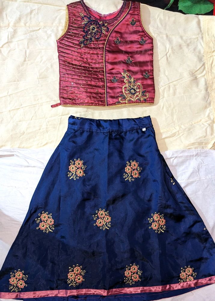 Kids Ethnic Peach And Blue Lehenga