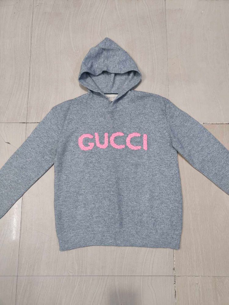 Authentic Gucci Men's Gray Intarsia Logo Knit Hood