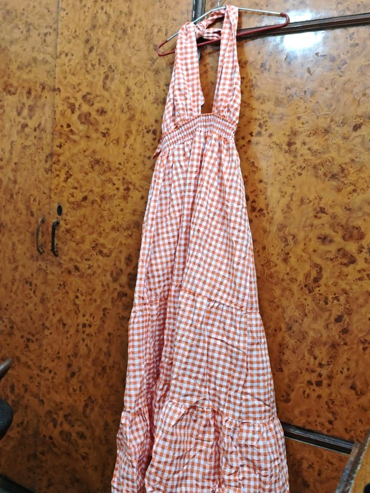 Urbanic Backless Dress Orange White Check