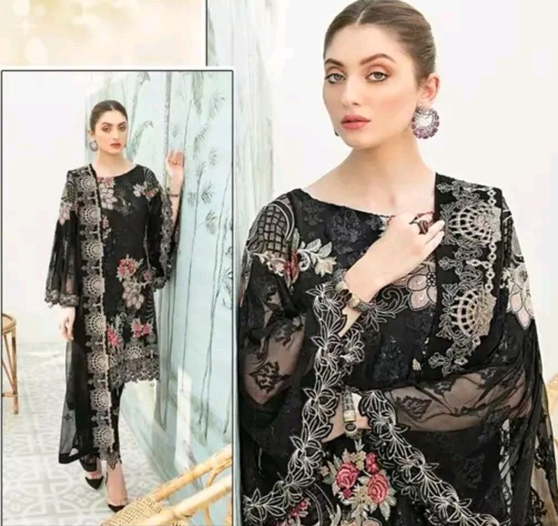 Black Floral Embroidery Semi Stitched Suit