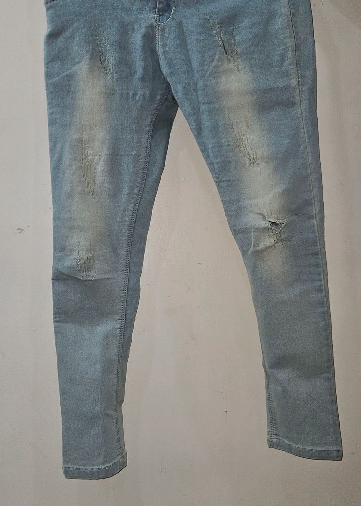 Mid Rise Ribbed Sky Blue Denim Skinny Jeans