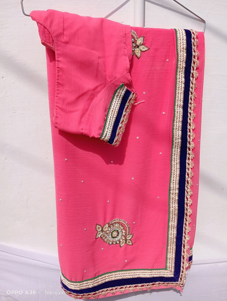 Rose pink colour heavy work saree with 32" blouse