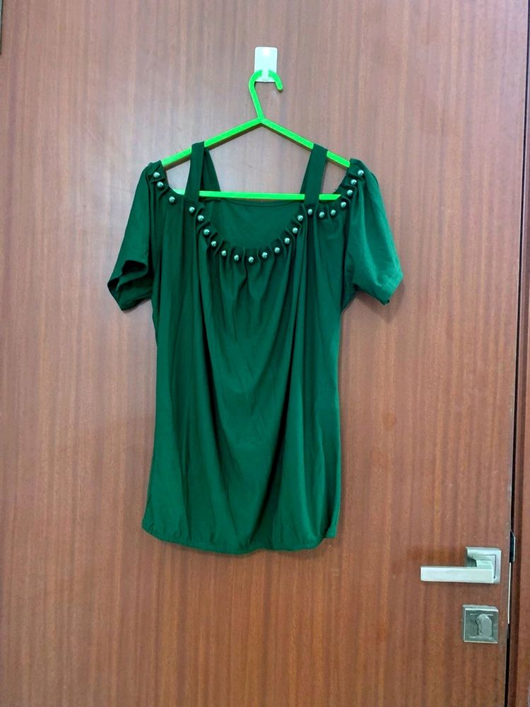 Green Pearls Off Shoulder Stretchable  Top