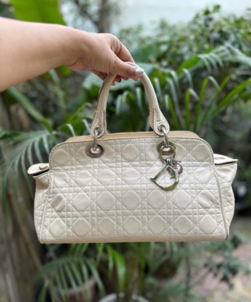 Auth Dior Cream Leather Cannage Top Handle Bag