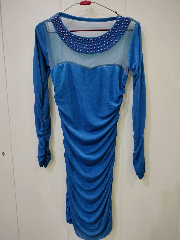 Blue Bodycon Dress with Beaded Detail