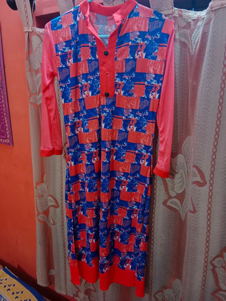 Pink And Blue Kurta With Net Sleeves