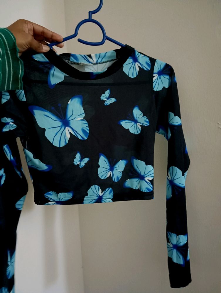 Butterfly Print Long Sleeve Mesh Crop Top