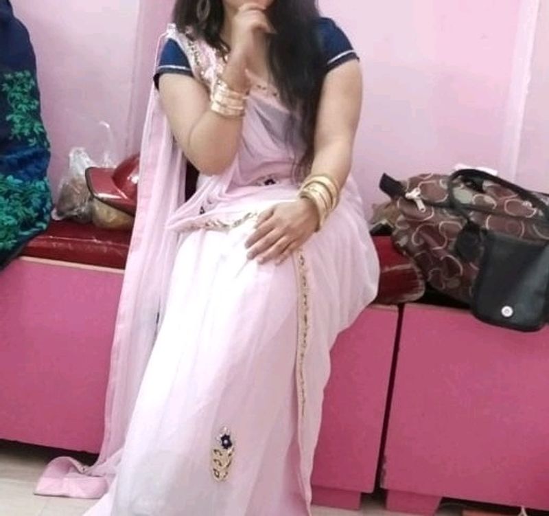 Light Pink Saree With Contrast Blue Blouse M Size