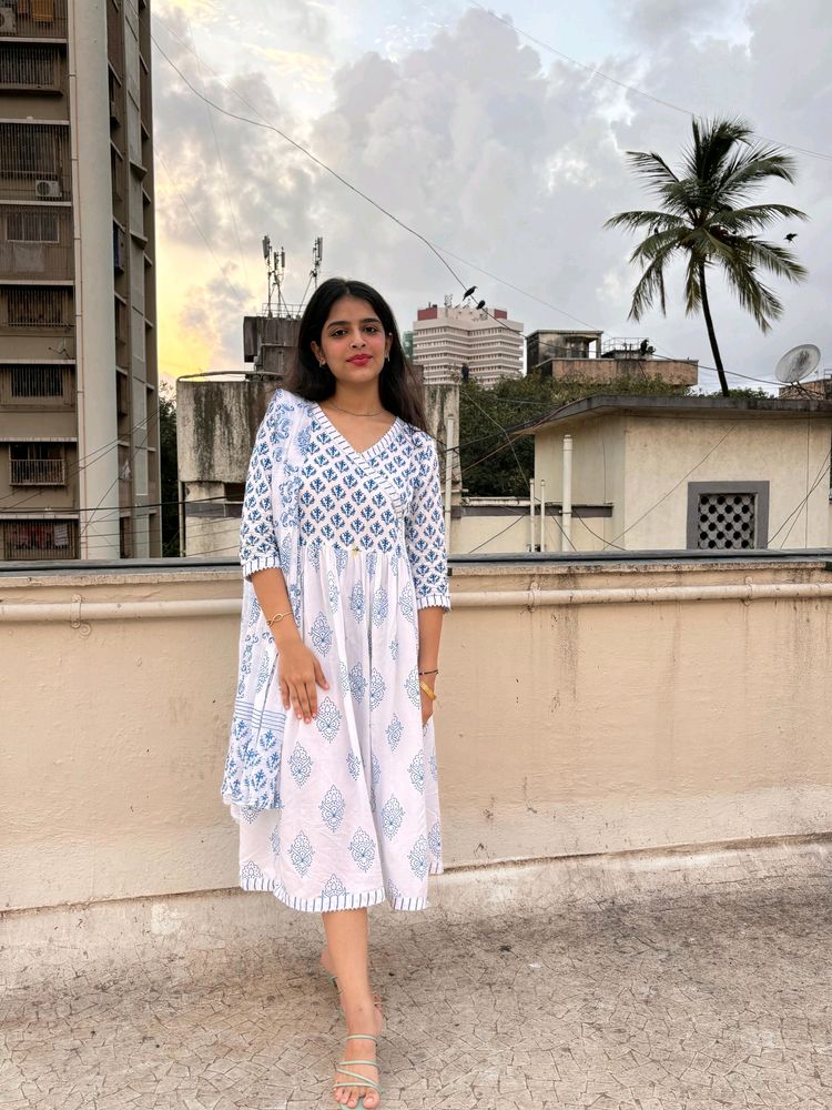 Blue & White Printed Kurta + Dupatta Set