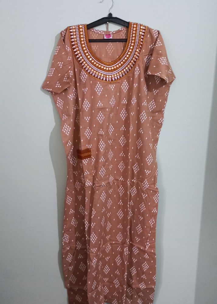 Cotton Nightty With Mirror Work Neck