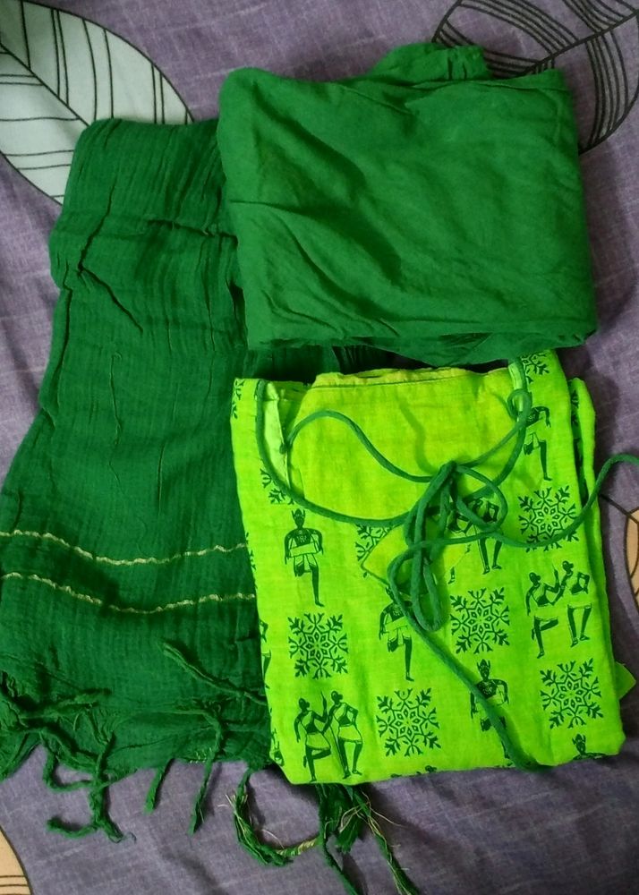 Light And Dark Green Cotton Suit Set Stitched