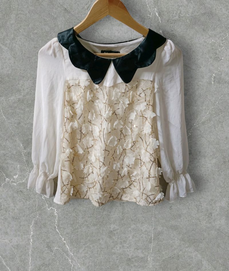 Stylish Korean Off White Collar Top