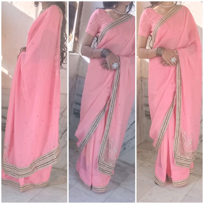 Pink Saree In Jurdoji Work