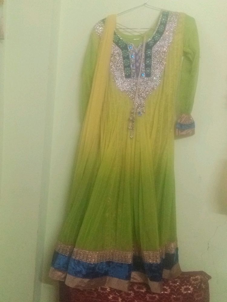 Anarkali Dress Mehndi Colour With Long Dupatta