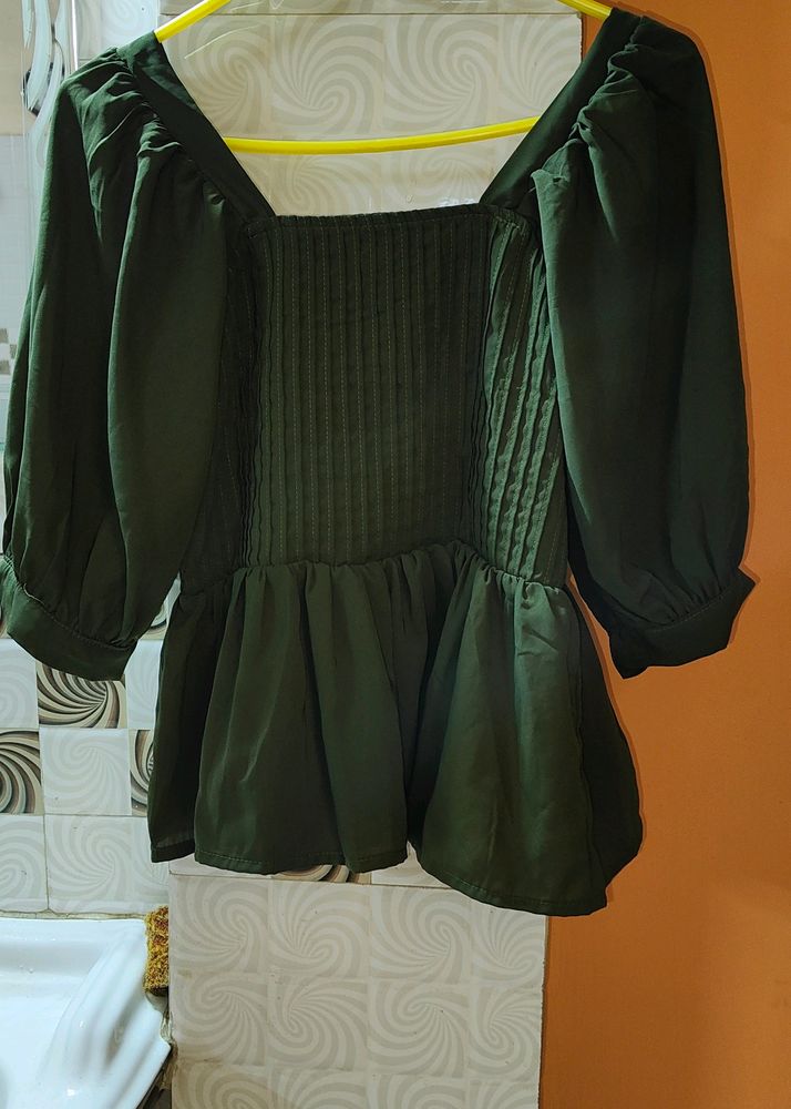 Olive Green Puff Sleeves Top