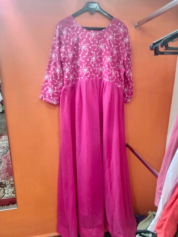 Long Gown Pink Colour White Thread Work