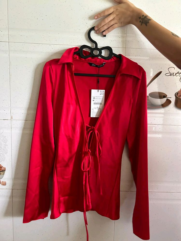 ZARA Red Satin Shirt With Bow detailing (WITH TAGS