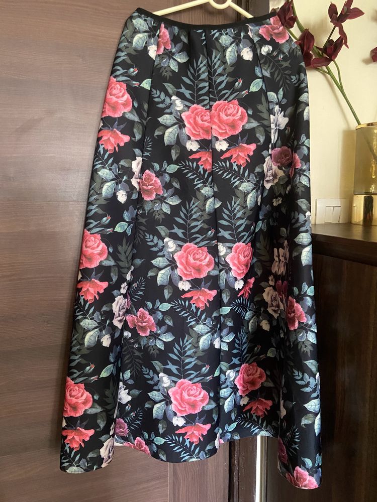 Scuba Fabric  Black Floral Long Skirt