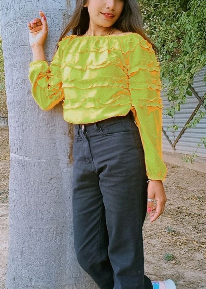 Yellow Ruffled Crop Top For Woman's