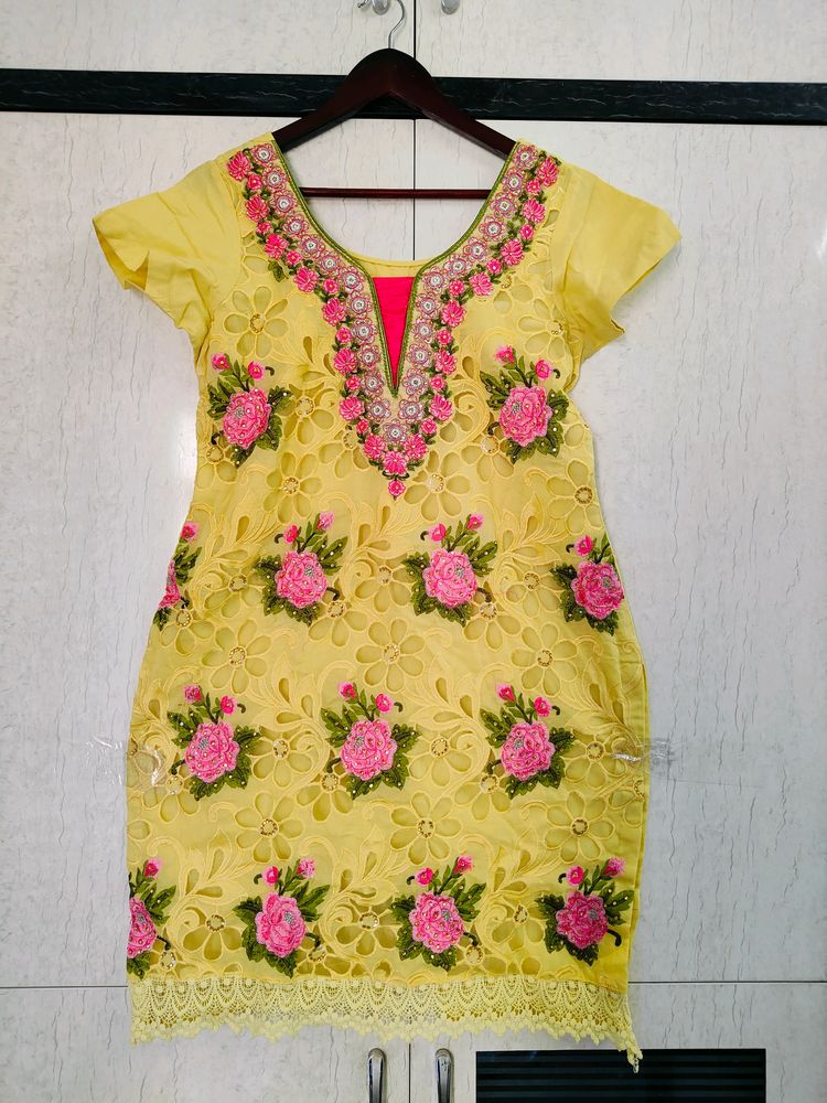 Yellow Floral Embroidered Kurta