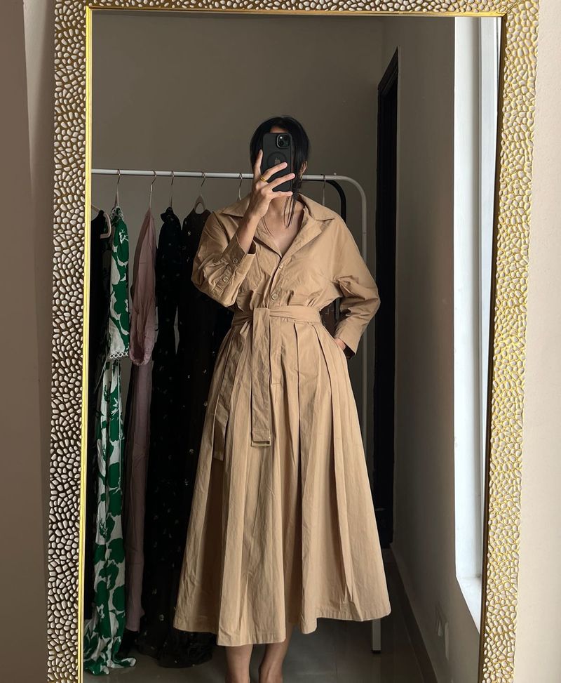 Beige shirt collar Fit & Flare Midi Dress