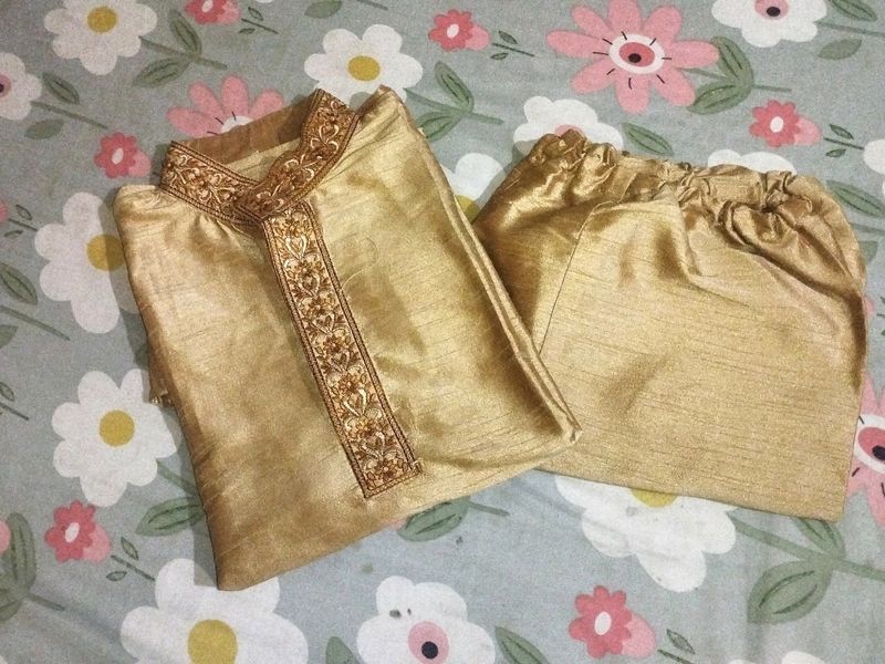 Golden Colour Kurta Pyjama Set For Boys