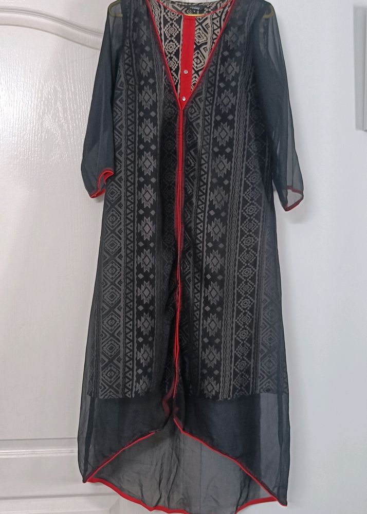 Layered Kurta/Dress - Black & Beige w Pop Of Red