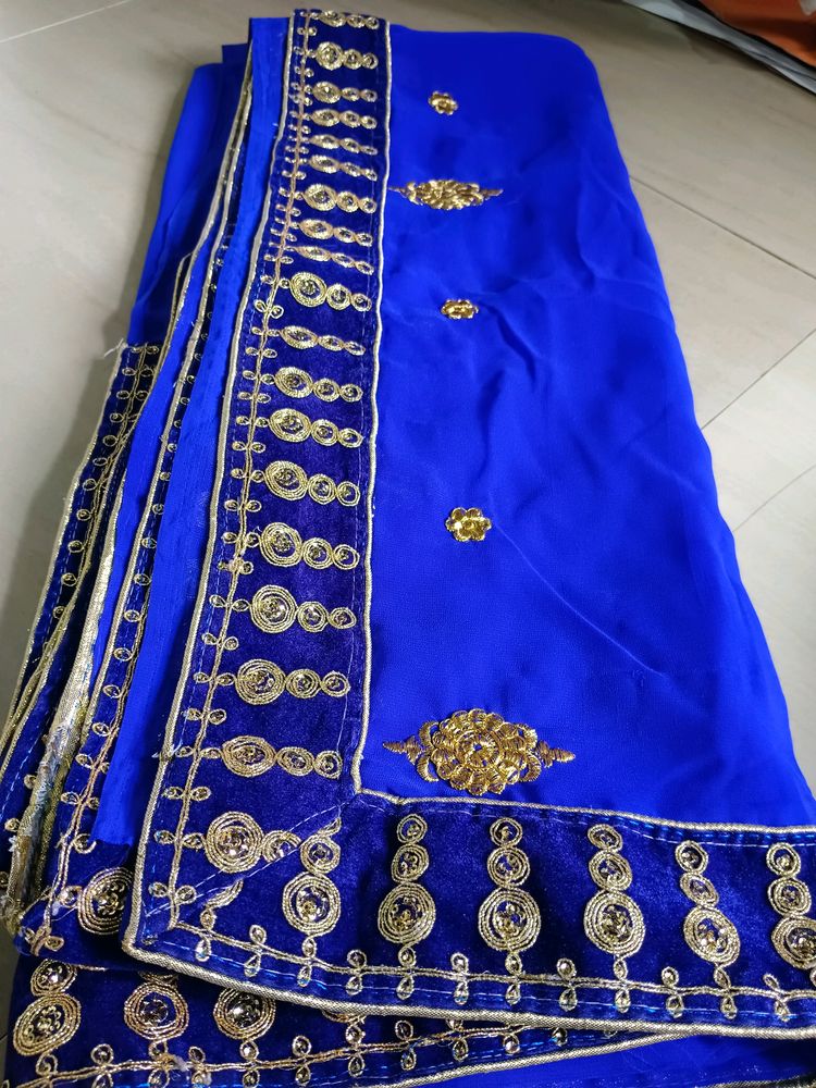 Blue Saree With velvet Golden Border 💙