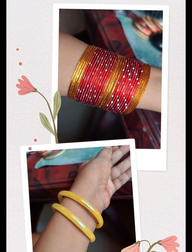 Combo Red-Gold Metal And Yellow Glass Bangles