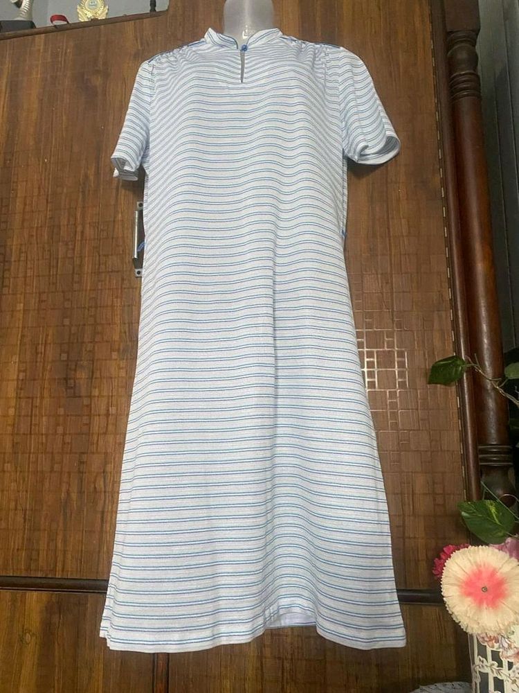 White Tunic Top With Blue Stripes