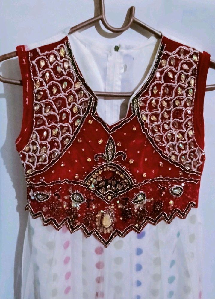 Ethnic Red Frocksuit With Net Dupatta