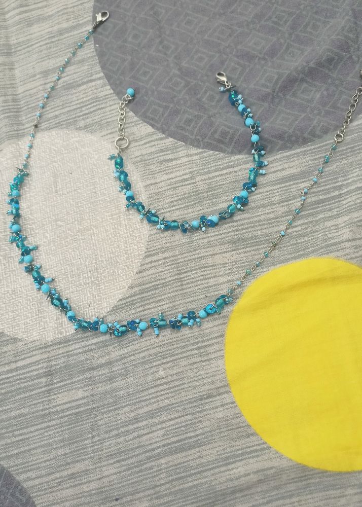 2 Piece Cyan Blue Jewellery (Necklace+Bracelet) Can Be Worn As Anklet