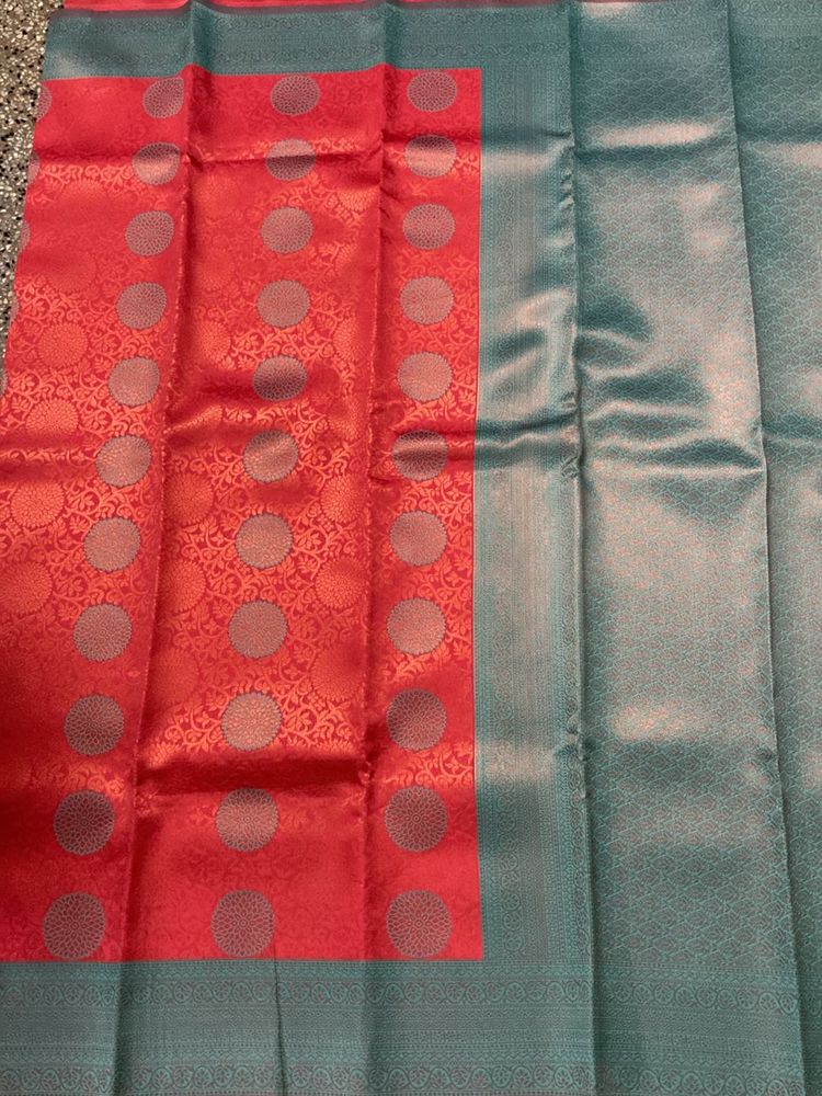 New Coral Pink N Ice Green Bridal Saree