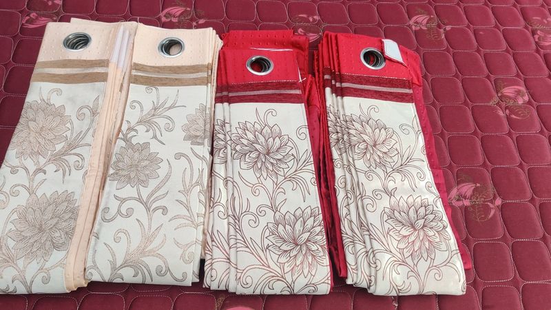 4 Curtains,  red and cream color