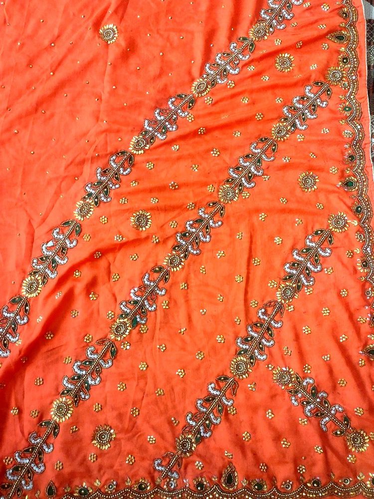 A Beautiful Orange Colour Work Saree 🤩🎉🎉