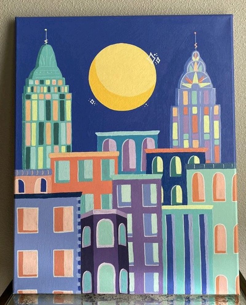 Buildings In The Moonlight Painting