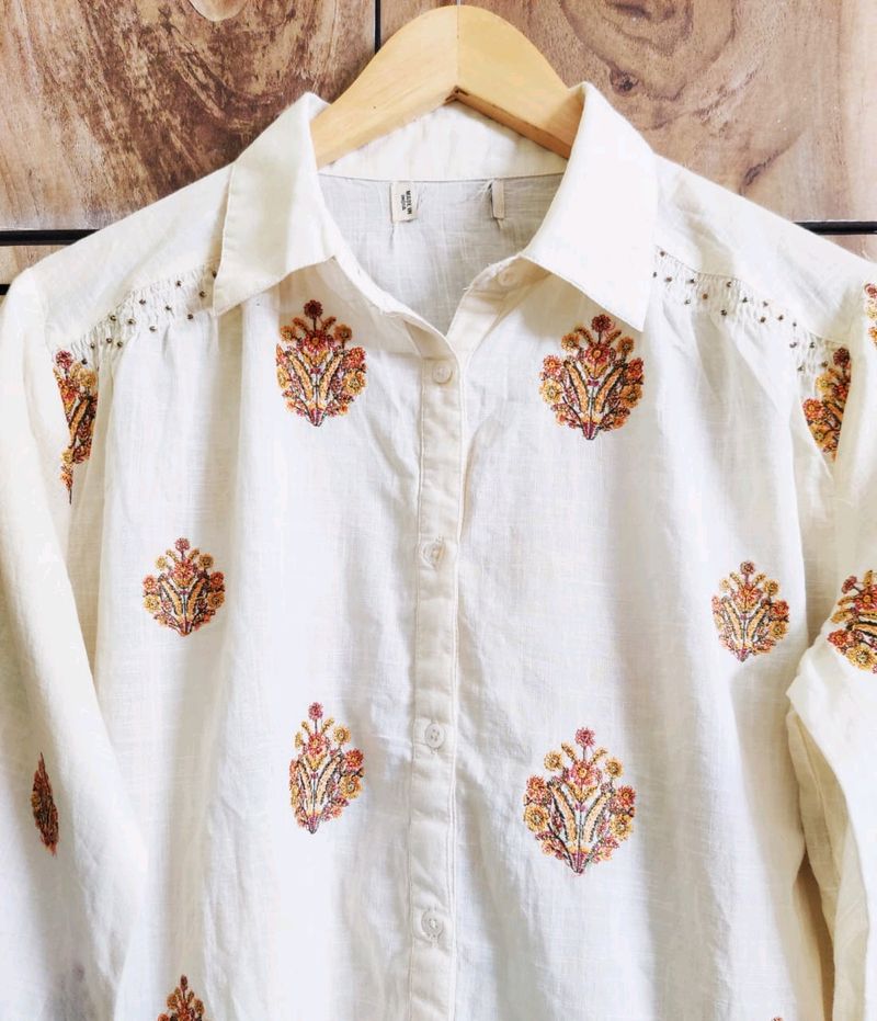 Off White Embroidery Work Cotton Shirt Size-44-46