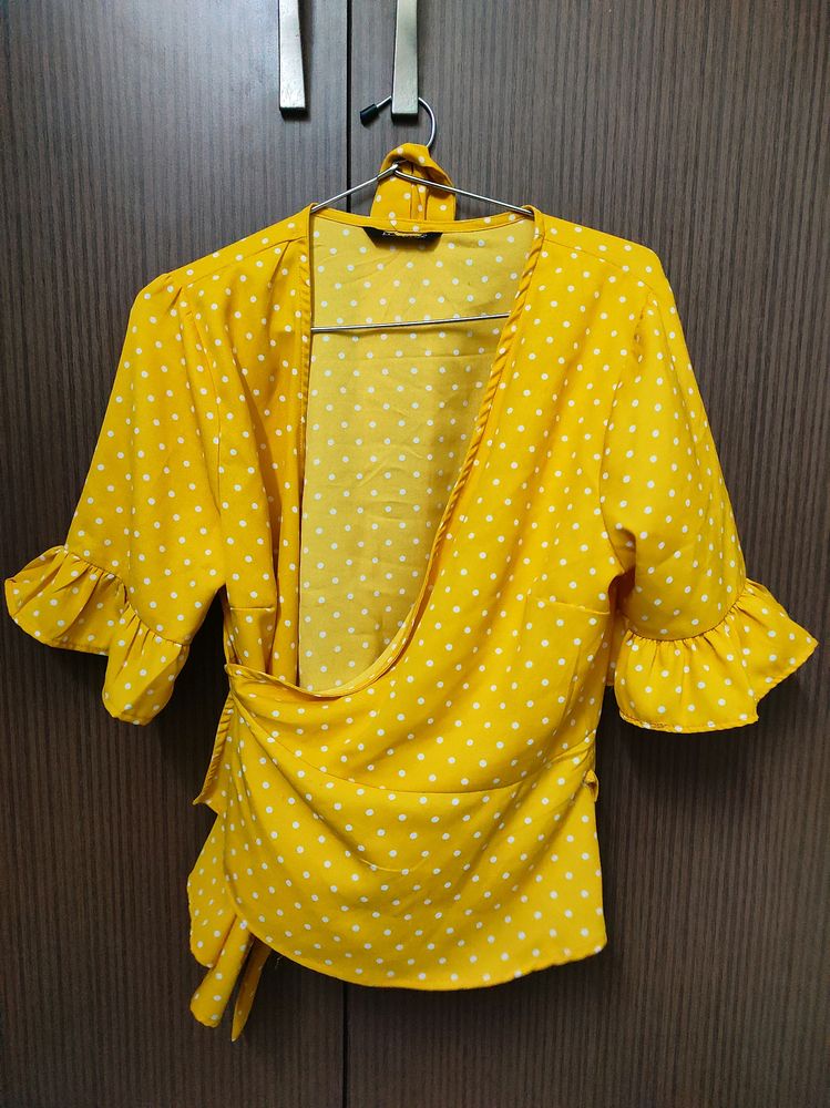 Harpa Yellow Wrap Top | Polka Dot Print | Size 38