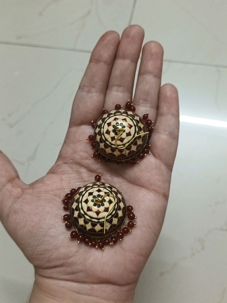 2 Pairs Of Jhumka Earrings. White And Brown.